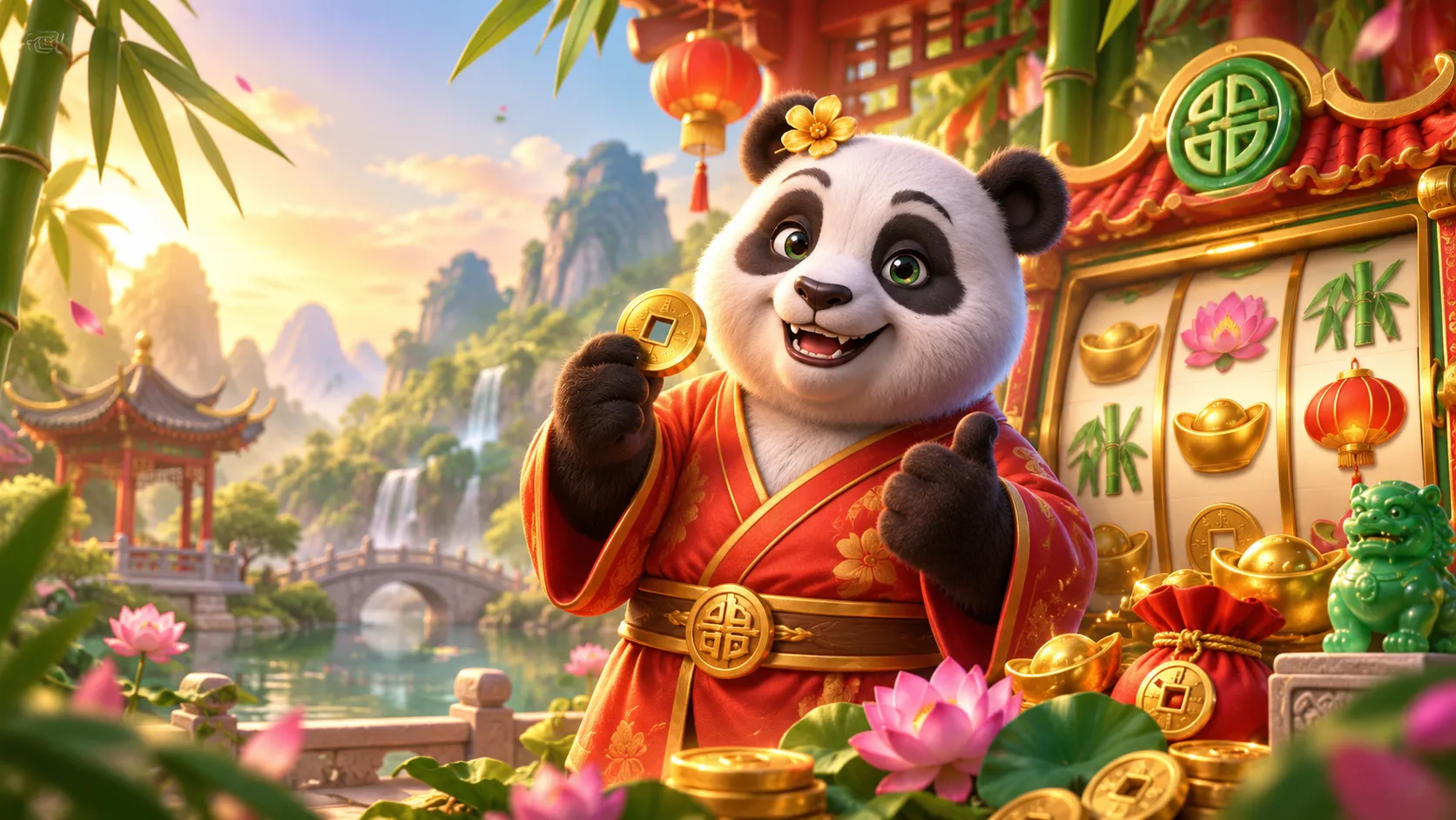Ilustracao de um panda com moedas douradas ao lado de uma slot em cenario oriental
